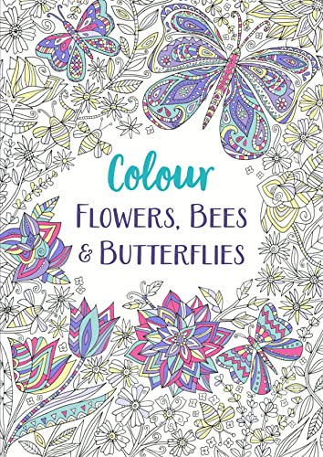 Colouring book cover with detailed floral, bee, and butterfly illustrations.