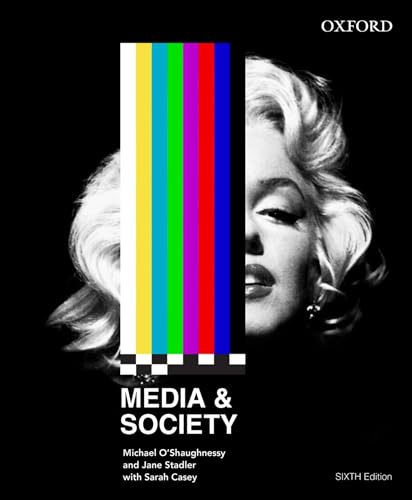 Book cover: "Media & Society," featuring Marilyn Monroe and color bars.