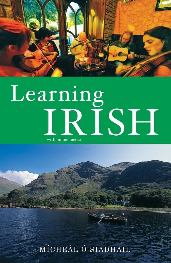 Book cover: "Learning Irish" with musicians and Irish landscape imagery.
