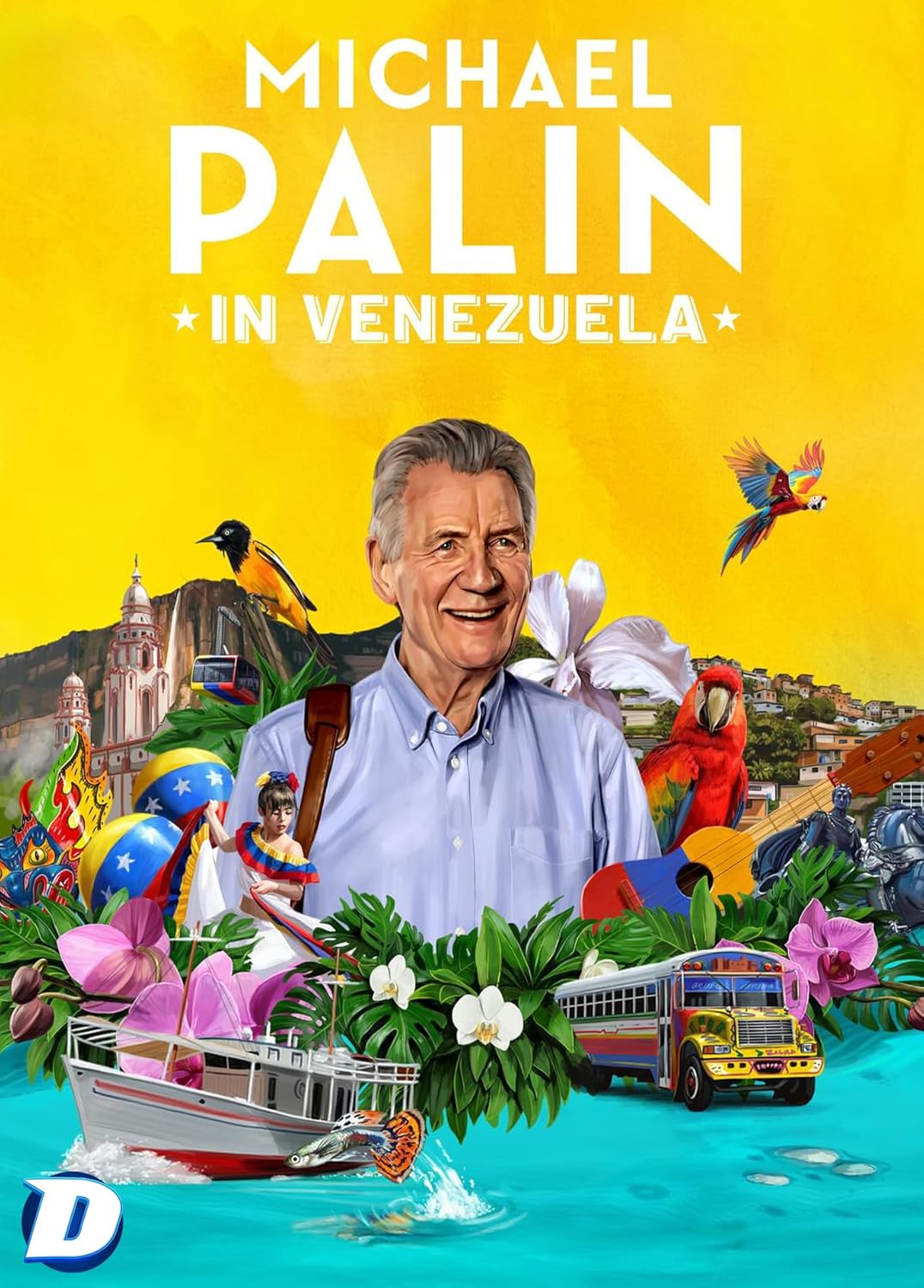 DVD cover featuring Michael Palin surrounded by Venezuelan landmarks, birds, flowers, and a bus.