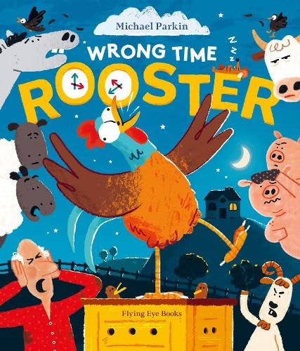 Colorful illustration of a confused rooster atop a grandfather clock.