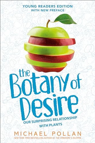 Book cover: stacked apple slices and blue title, “The Botany of Desire.”