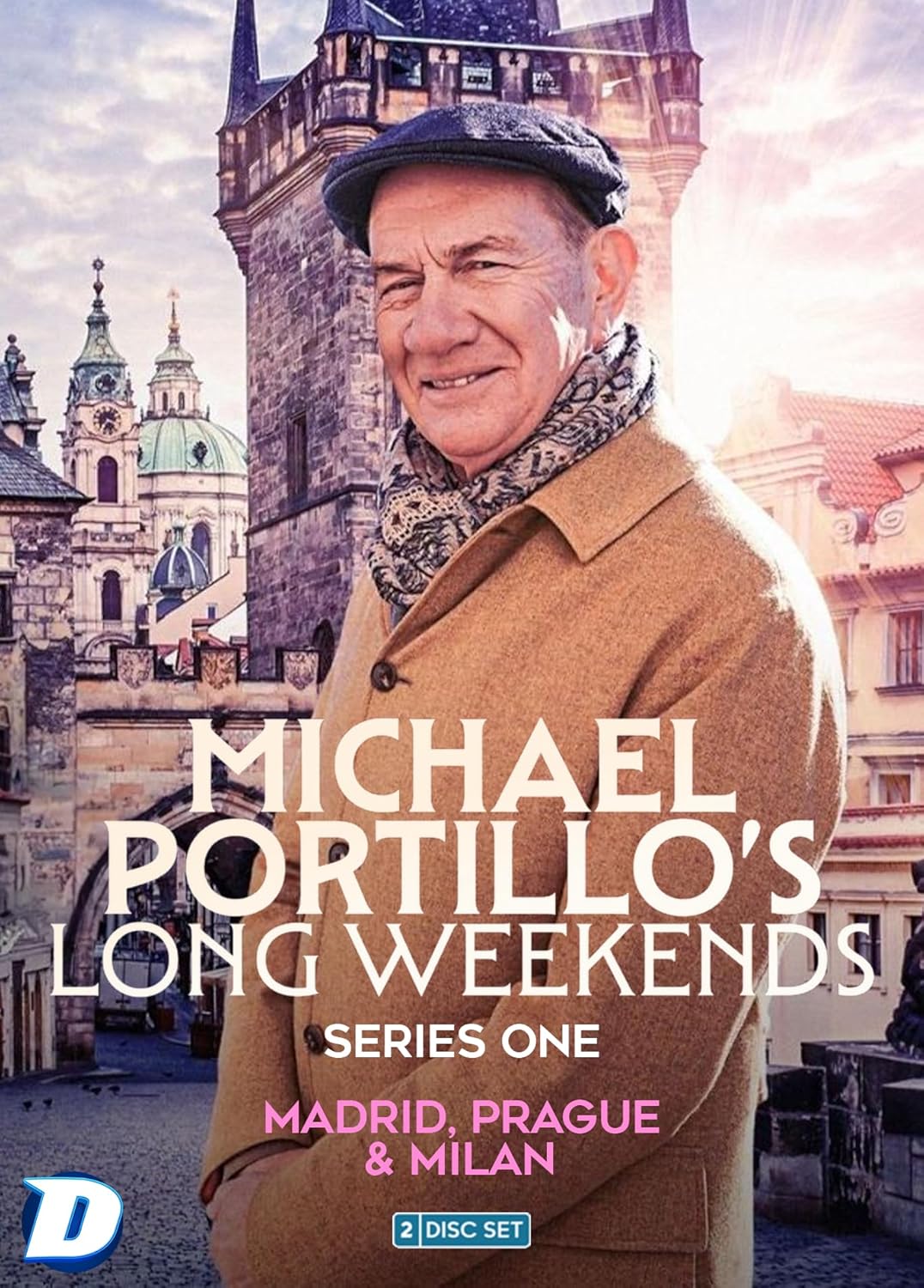 Michael Portillo wearing a cap and scarf in front of a European city backdrop.