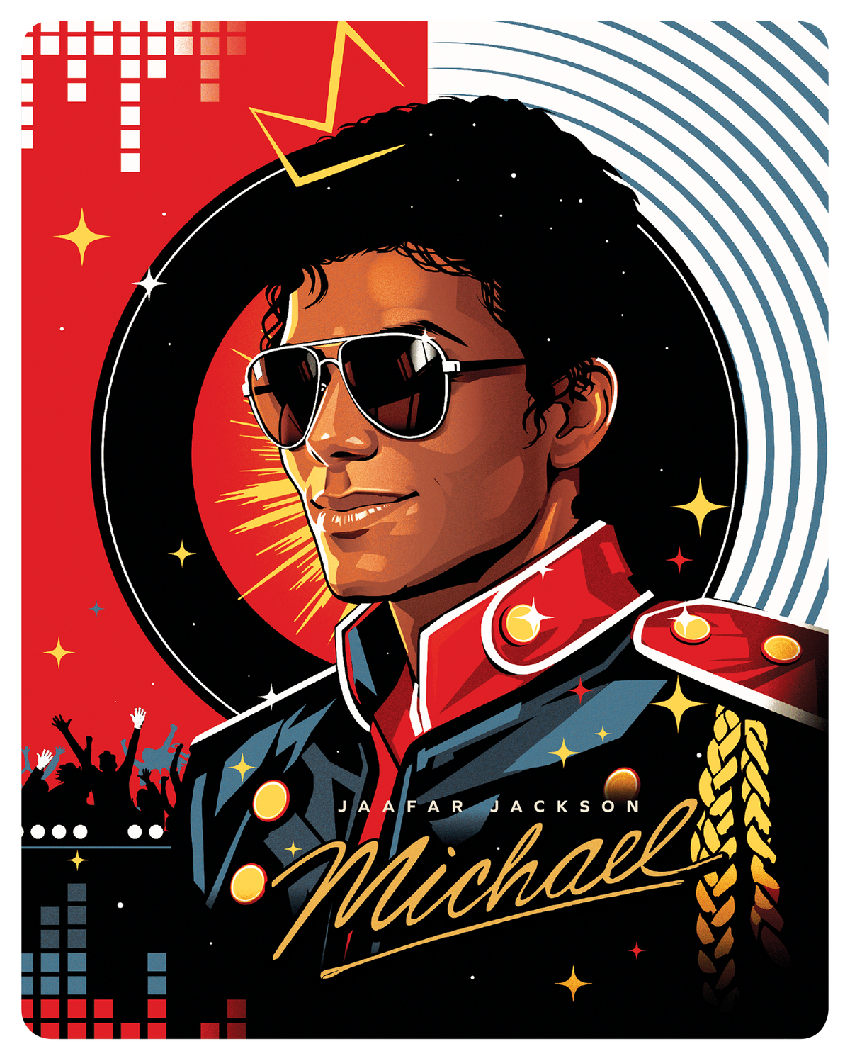 Stylized portrait of Michael Jackson wearing sunglasses, red jacket, and gold braid.