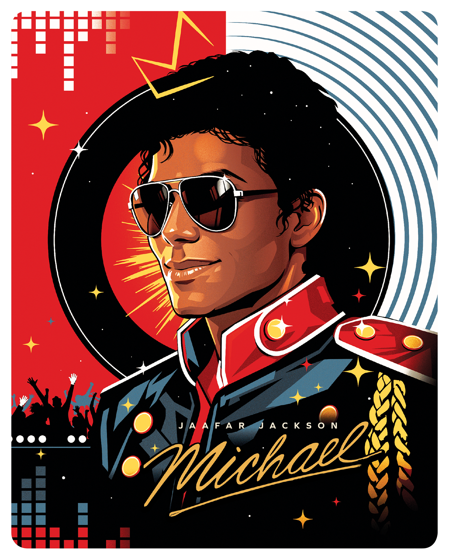 Stylized portrait of Michael Jackson wearing sunglasses, red jacket, and gold braid.
