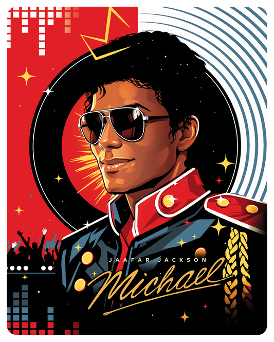 Stylized portrait of Michael Jackson wearing sunglasses, red jacket, and gold braid.