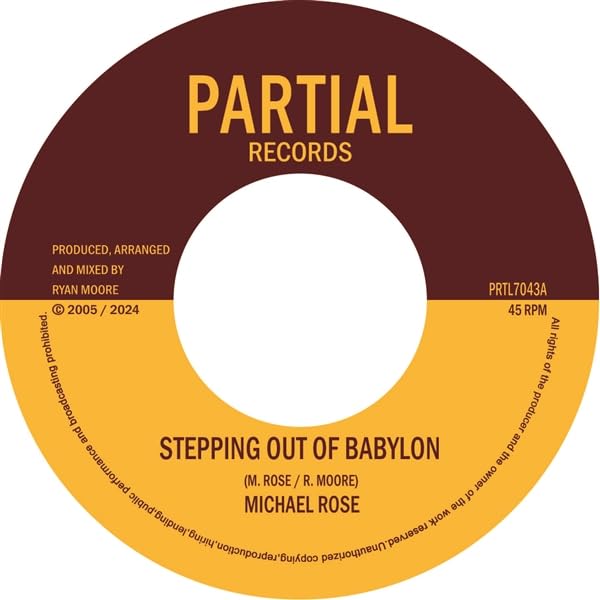 Red vinyl record label with white text: “Michael Rose - Stepping Out Of Babylon.”