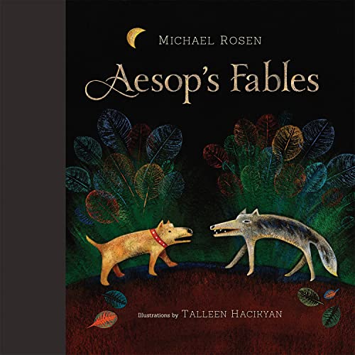Book cover for Aesop's Fables featuring a dog and wolf against a dark background.