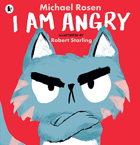 Book cover featuring a blue cat with an angry expression against a red background.