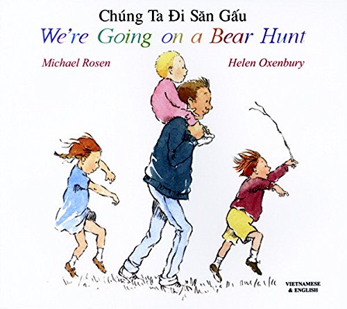 Children running through grass, illustrated cover of "We're Going on a Bear Hunt.