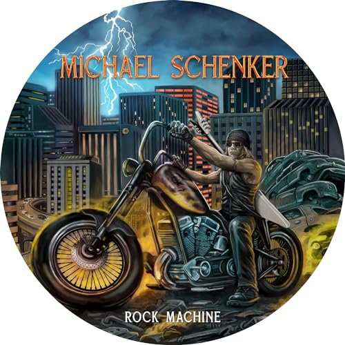 Album cover: Michael Schenker on a motorcycle with a city backdrop.