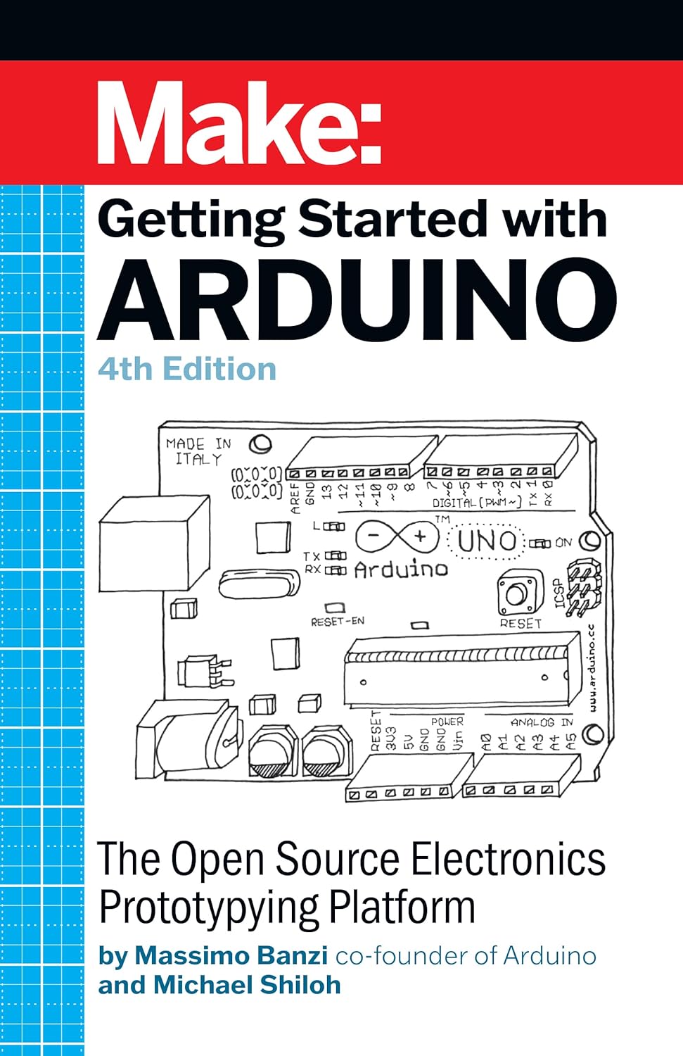 Book cover for Getting Started with Arduino 4th Edition featuring a line-art Arduino board.