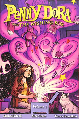 Book cover: girl with glowing box, floating objects, cat, and title text.