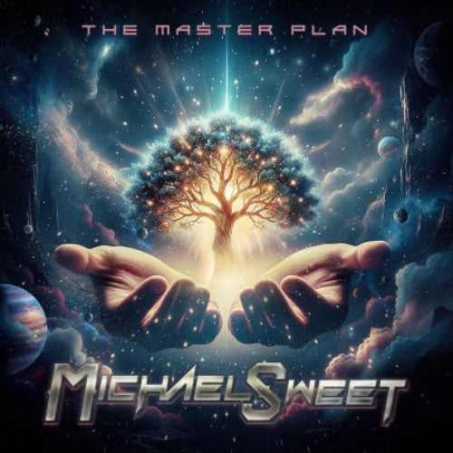 Album cover: tree growing from hands in a cosmic, colorful nebula.