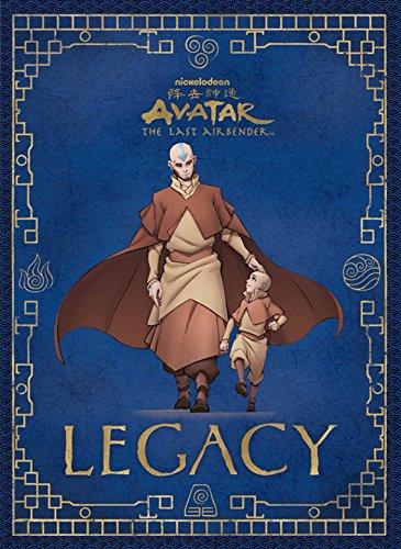 Adult Aang walking with young Aang on a blue background with gold border.