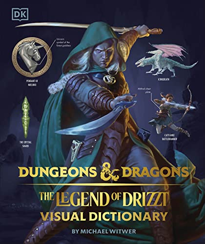 Book cover featuring Drizzt Do'Urden with swords, a dragon, and character equipment labels.