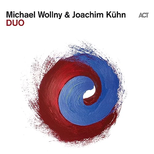 CD cover for Michael Wollny & Joachim Kühn’s "Duo" with red and blue swirl.