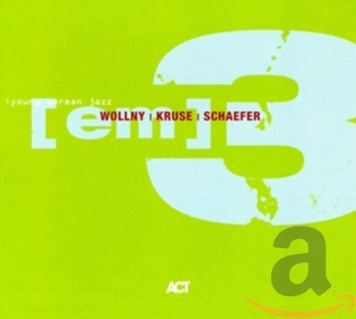 Album cover with a bright green background, large light blue text, and artist names.