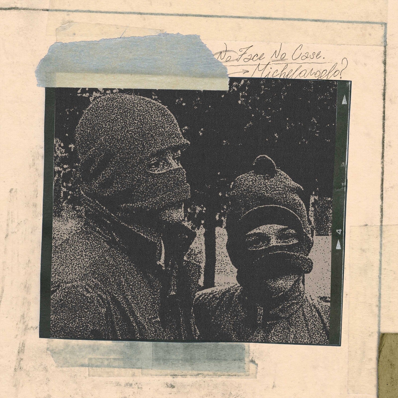 Grainy black and white photo of two people wearing balaclavas on a taped background.