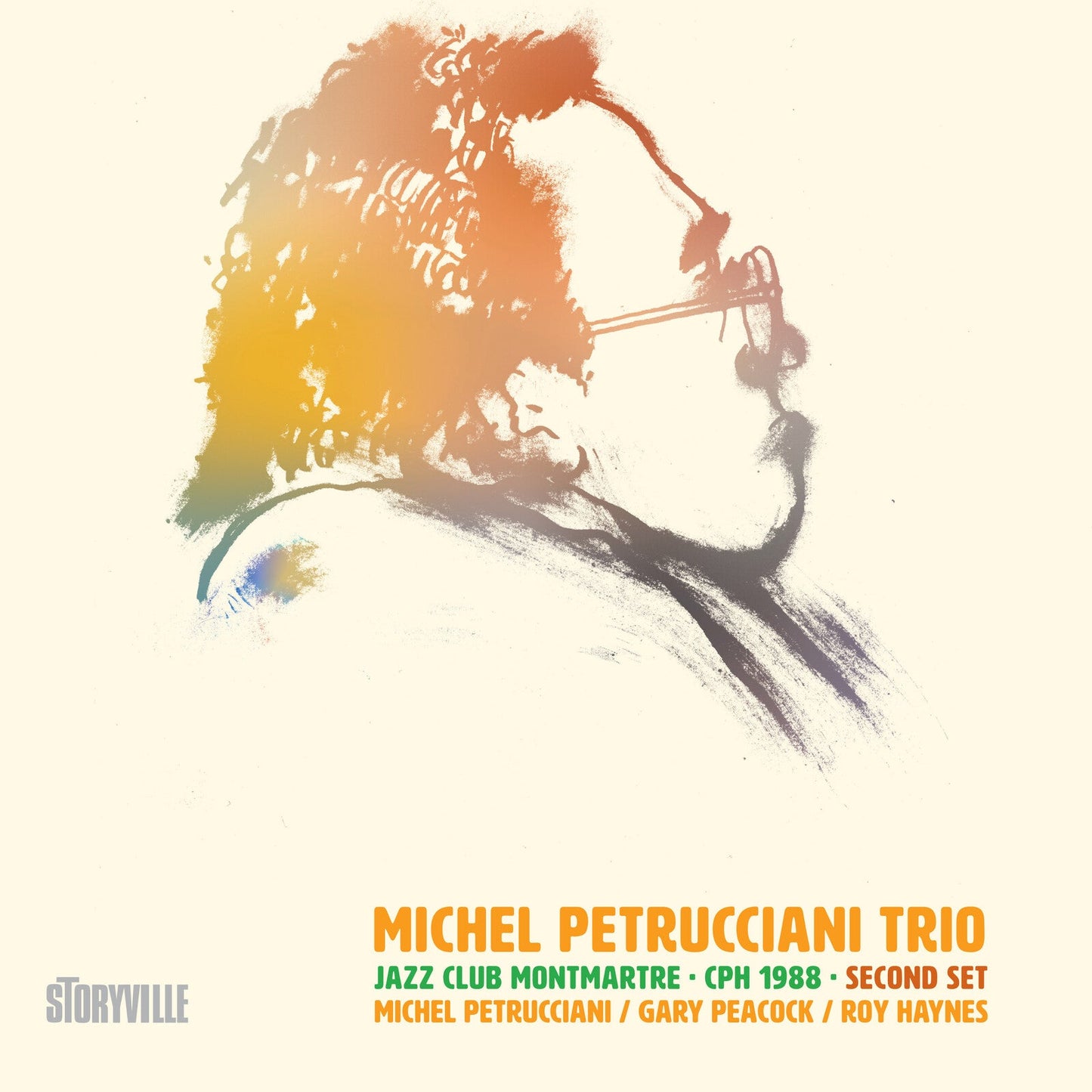 Stylized profile illustration of Michel Petrucciani in warm colors against a cream background.
