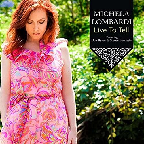"Michela Lombardi album cover featuring a woman in a pink dress amidst greenery."