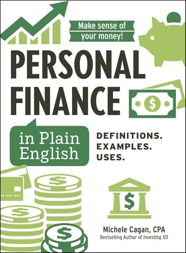 Book cover for “Personal Finance in Plain English” with money graphics.