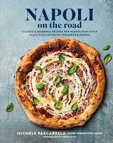 Cookbook cover featuring a Neapolitan pizza topped with cheese and basil on blue background.