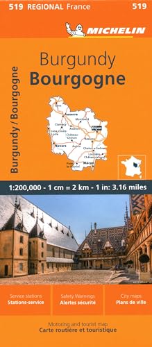 Michelin regional map of Burgundy, France, with city photos and scale.