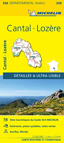 Yellow Michelin map of Cantal and Lozère, France, with mountainous scenery.