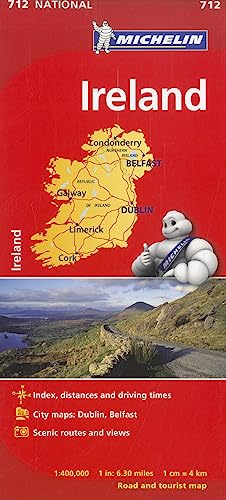 Michelin road map of Ireland with a map graphic, mascot, and landscape photo.
