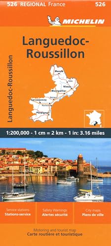 Orange Michelin map of Languedoc-Roussillon, France, with coastal town image.