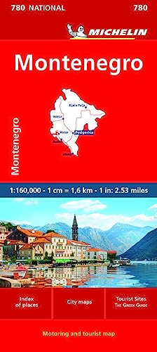 Red Michelin map cover of Montenegro with coastline image and scale details.