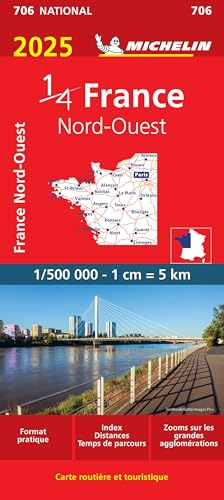 Red Michelin map cover of Northwestern France, 2025 edition, with city image.