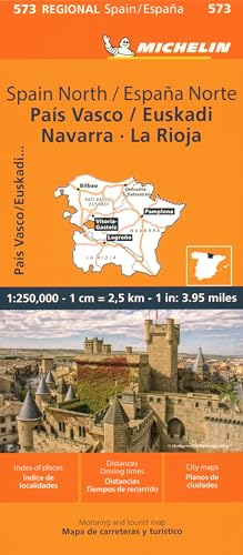 Michelin regional map 573 of Northern Spain featuring a stone castle and road map.