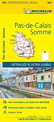 Yellow Michelin map of Pas-de-Calais and Somme, France, with coastal scene.