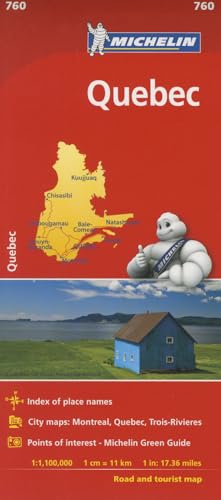 Michelin road map of Quebec with a map graphic, Michelin mascot, and blue house.