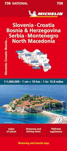 Michelin national map of Balkan countries featuring a coastal village photo on red background.