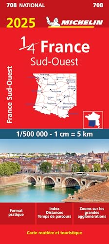 Red 2025 Michelin map of Southwestern France with a city view.