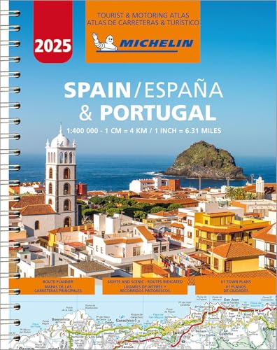 Spiral-bound A4 atlas featuring maps of Spain and Portugal for tourists and motorists.