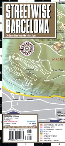 Folded, laminated Barcelona street map with compass rose and key.