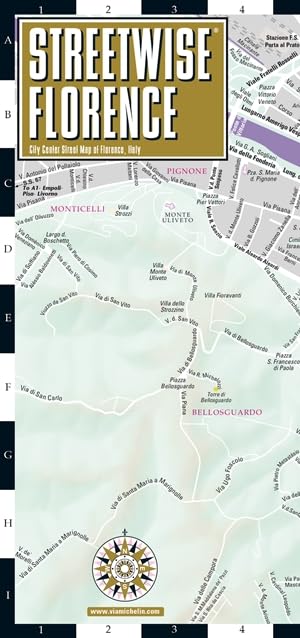 Laminated street map of Florence, Italy, with street names and a compass rose.