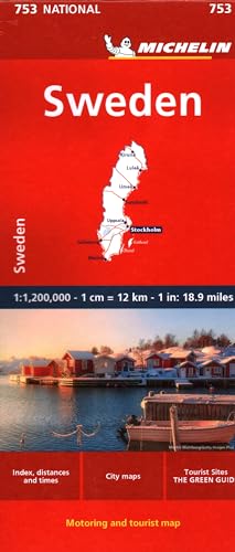 Michelin road map of Sweden with a red cover and a coastal village photo.