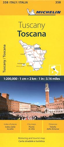 Yellow Michelin map of Tuscany, Italy, with a city view below.