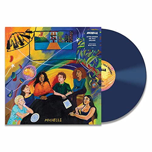 Vinyl record and album cover featuring a colorful painting of people at a table.