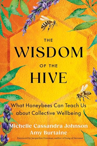 Book cover featuring honeybees, flowers, and hexagonal design in orange tones.
