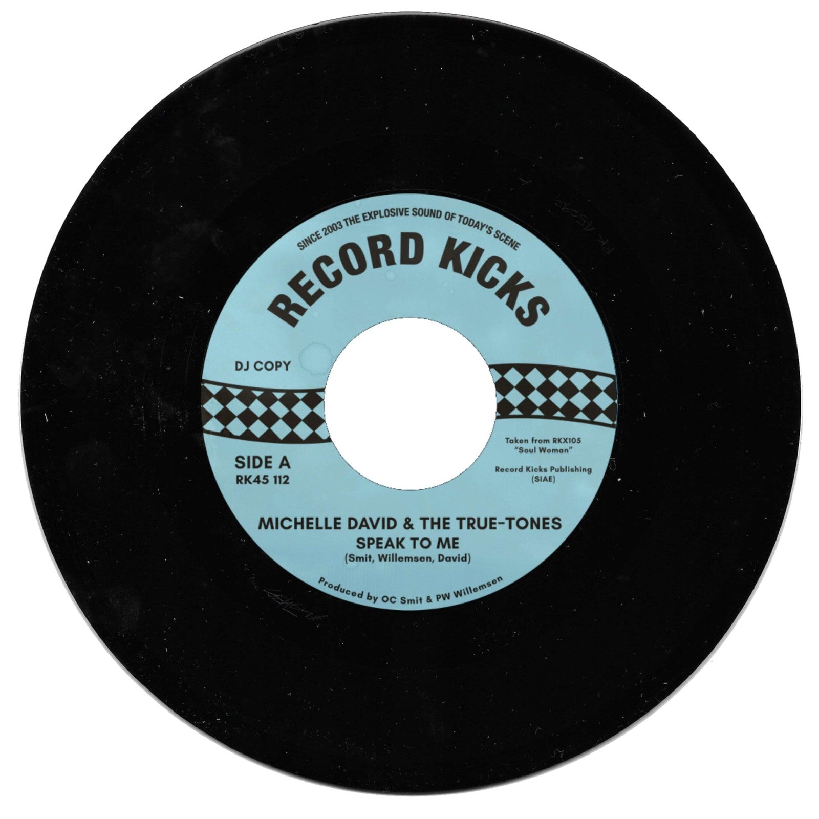 Black vinyl record label with white text: "Michelle David & The True-tones.