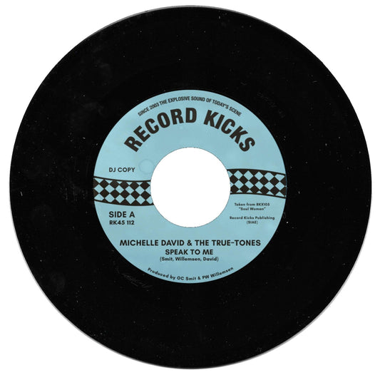Black vinyl record label with white text: "Michelle David & The True-tones.