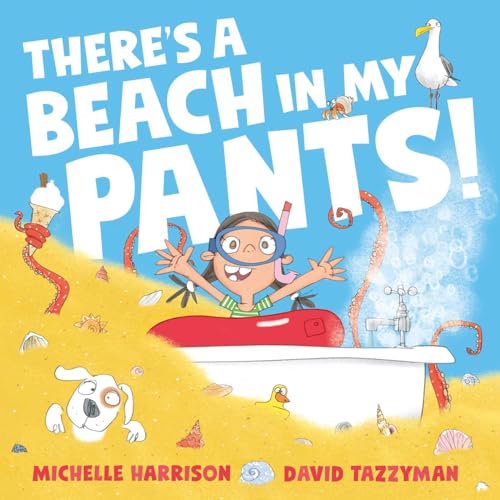 A child in a bathtub filled with sand, surrounded by sea creatures and objects.