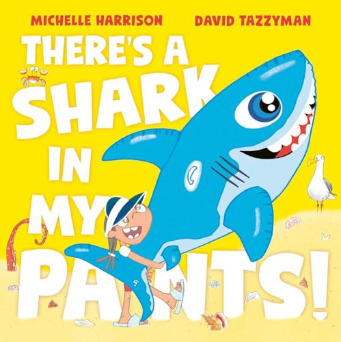 A girl holding a large blue cartoon shark on a yellow beach background.