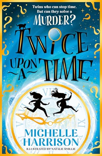 Book cover showing silhouettes of two children running across a clock face.